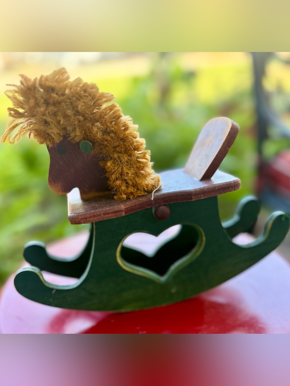 Wooden Rocking Horse Toy - Green and Brown Plush Mane